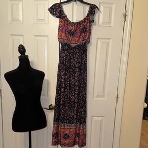 Floral Mix-Print Maxi Dress in Navy and Coral